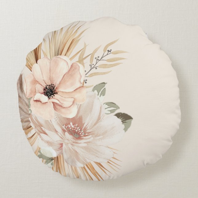 Boho Beige Akvarell Blommor Palm Tränke Kuddslips Rund Kudde (Baksidan)