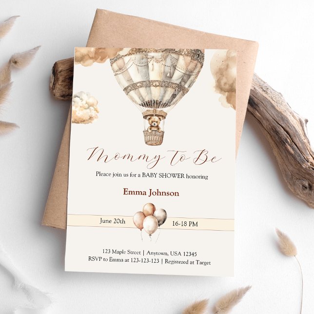 Boho Beige Bear Luftballong Clouds Baby Shower Inbjudningar (Boho Beige Bear Hot Air Balloon Clouds Baby Shower Invitation)