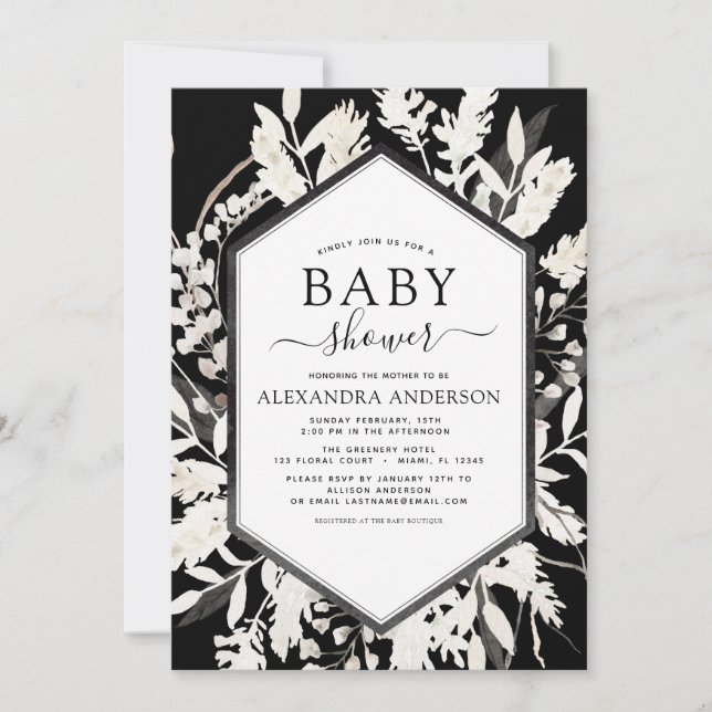 Boho Beige Black Botanical Baby Shower Inbjudningar (Framsida)