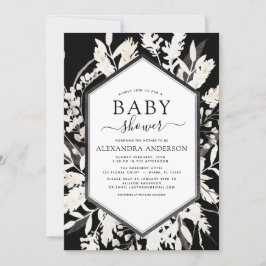 Boho Beige Black Botanical Baby Shower Inbjudningar
