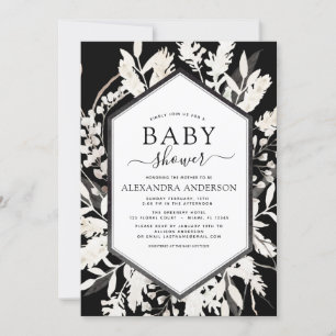 Boho Beige Black Botanical Baby Shower Inbjudningar