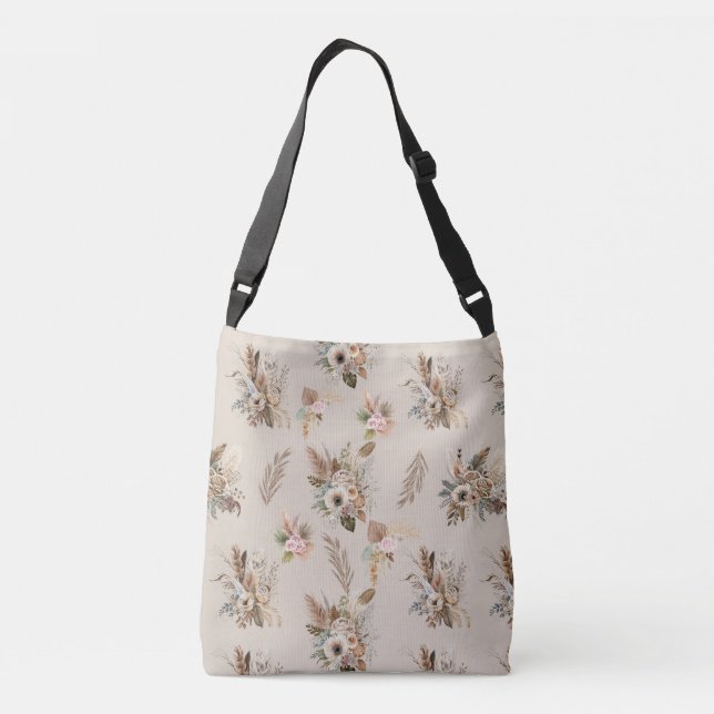 Boho Beige Blommig Botanisk Rosa Grön Blommor  Axelväska (Baksida)