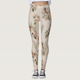 Boho Beige Blommig Botanisk Rosa Gröna Blommor Leggings