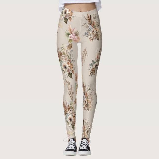 Boho Beige Blommig Botanisk Rosa Gröna Blommor  Leggings (Framsida)