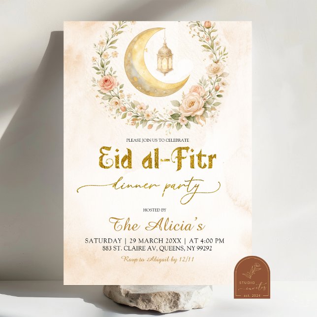 Boho Beige Blommig Halvmåne Ramadan Eid Al-Fitr Inbjudningar (Skapare uppladdad)