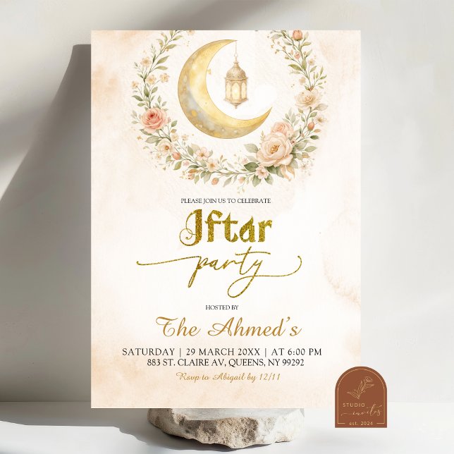 Boho Beige Blommig Halvmåne Ramadan Iftar-fest Inbjudningar (Skapare uppladdad)