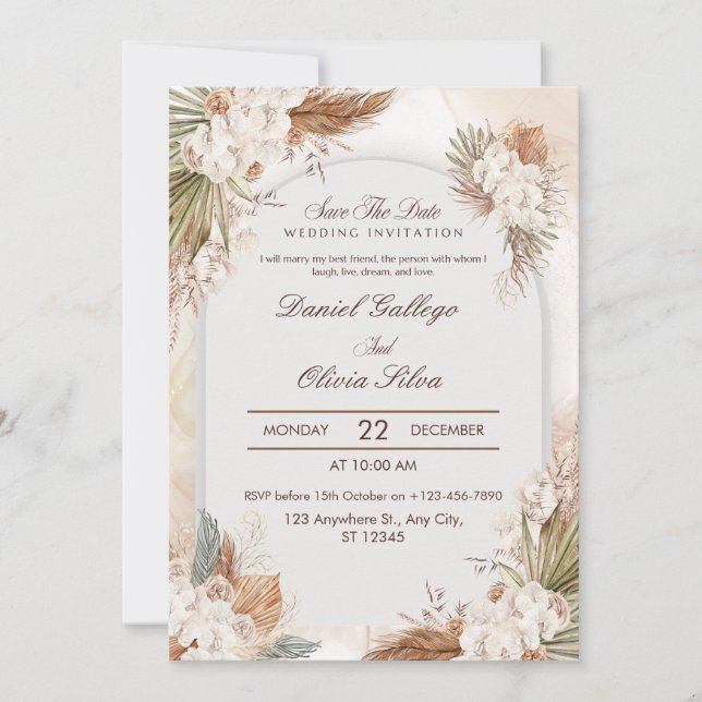 Boho Beige Blommig Kräm Allt-i-ett Bröllop  Inbjudningar (Framsida)