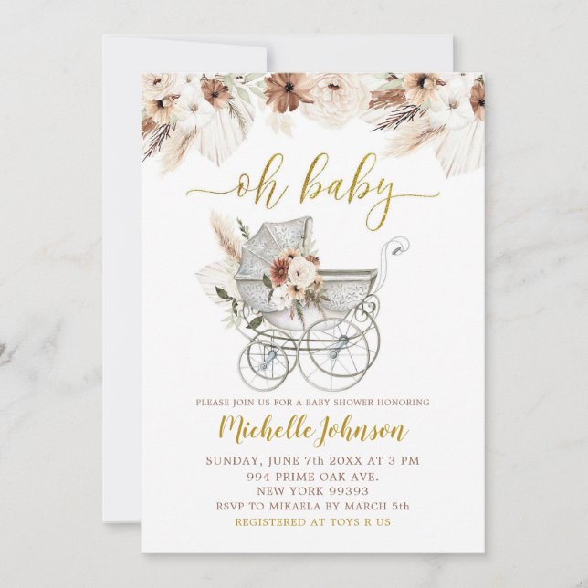 Boho Beige Blommigt Barnvagn Baby Shower-inbjudan Inbjudningar (Framsida)