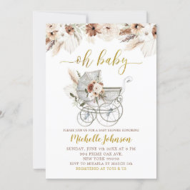 Boho Beige Blommigt Barnvagn Baby Shower-inbjudan Inbjudningar