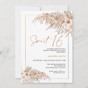 Boho Beige Blommigt Pampas Grass 16:e födelsedagen Inbjudningar