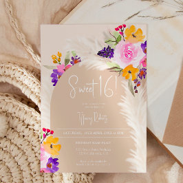 Boho beige blommigt pampas ökenarch Sweet 16 Inbjudningar