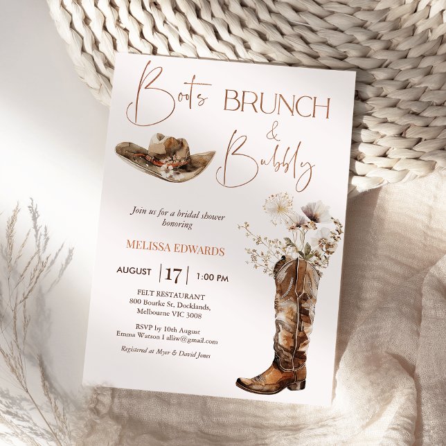 Boho Beige Boots Brunch Bubly Möhippa Inbjudningar (Boots Brunch and Bubbly Bridal Shower Invitation Template, Wildflowers Cowgirl Boots Bridal Shower )