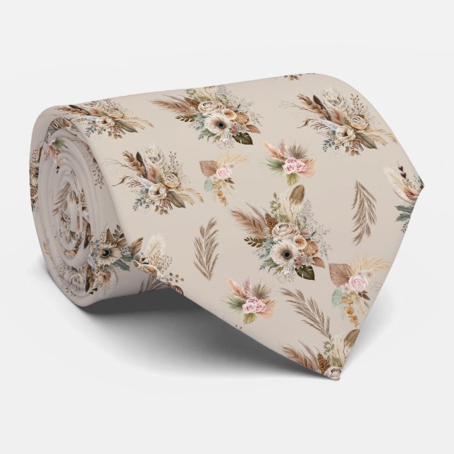 Boho Beige Brun Blommig Botanisk Trendig Herr Slips (Rullad)