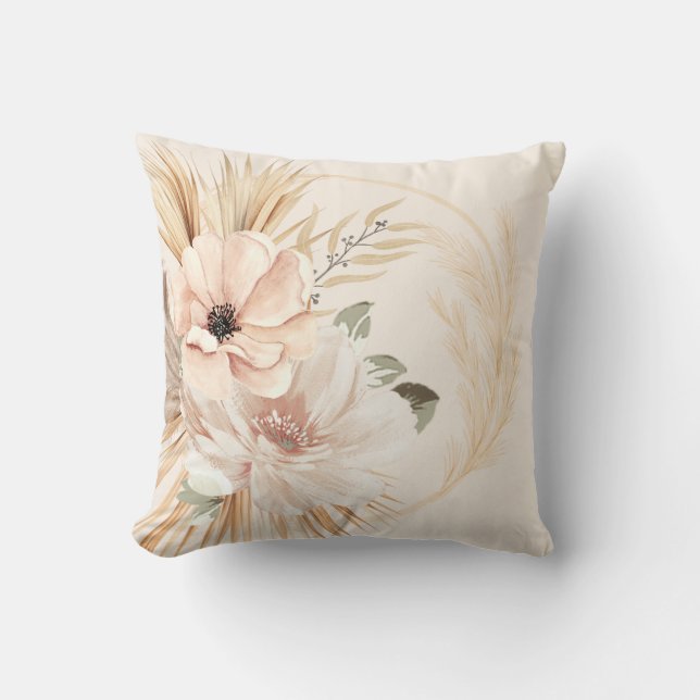 Boho Beige Brun Vattenfärg Blommor Palmer  Kudde (Framsida)
