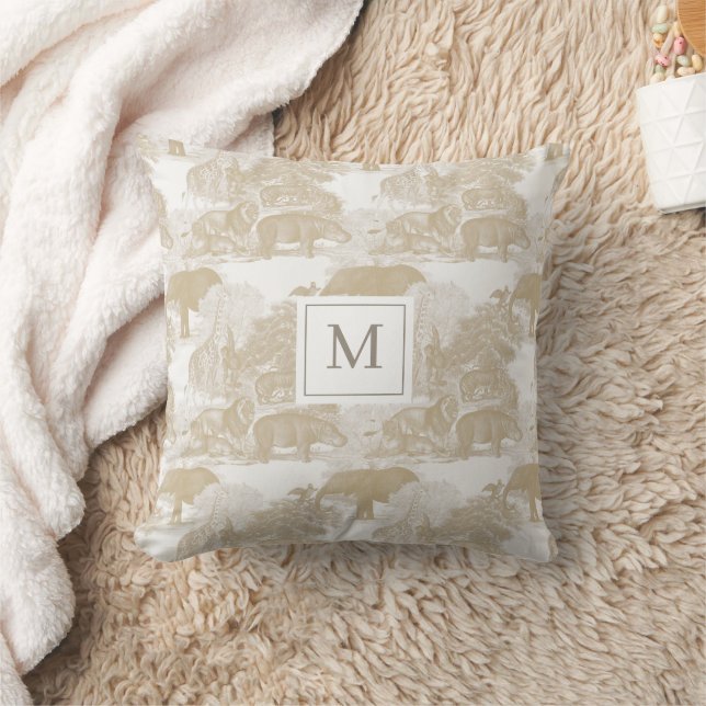 Boho Beige Djur Chinoiserie Baby Pojke Monogram Kudde (Filt)