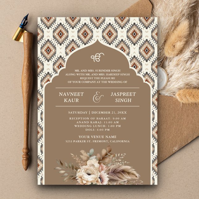 Boho Beige Elfenbensvitt Ikat Anand Karaj Sikh Brö Inbjudningar (Skapare uppladdad)
