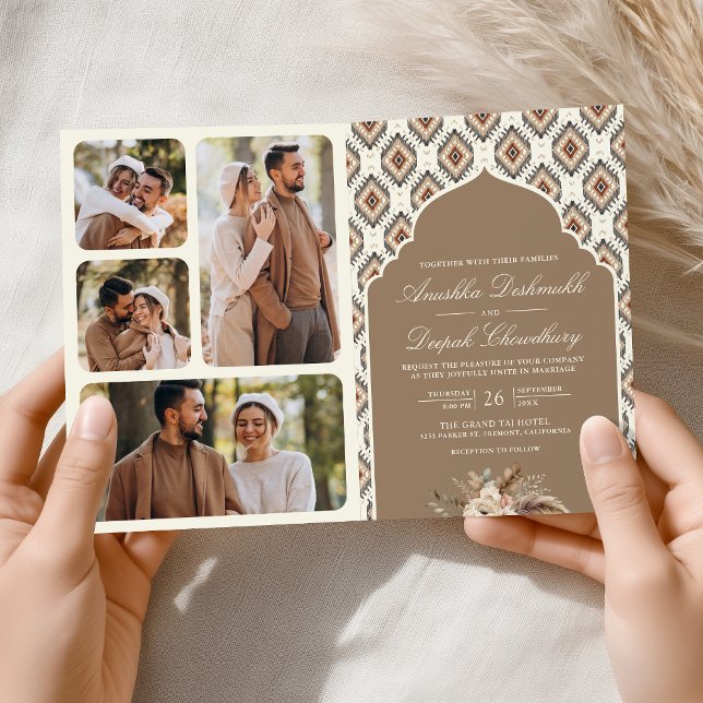 Boho Beige Elfenbensvitt Ikat Fotokollage Indiskt  Inbjudan (Skapare uppladdad)