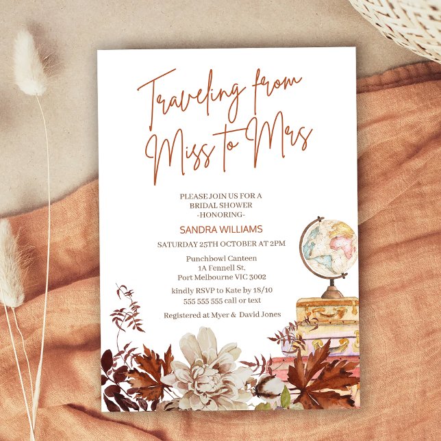 Boho Beige Fall Traveling Miss Mrs Möhippa Inbjudningar (Fall Traveling From Miss To Mrs Bridal Shower Invitation, Traveling From Miss to Mrs Bridal Shower)