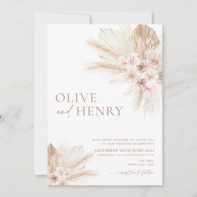Boho Beige Flowers Pampas Wedding Investigation OL Inbjudningar (Framsida)