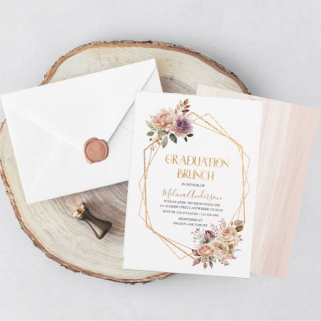 Boho Beige Flowesr guld vattenfärgen studenten br Inbjudningar (Skapare uppladdad)