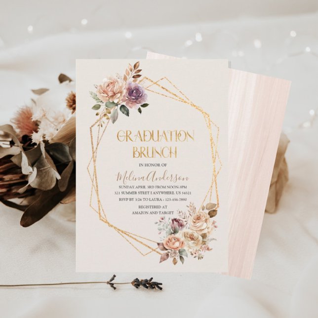 Boho Beige Flowesr guld vattenfärgen studenten br Inbjudningar (Skapare uppladdad)