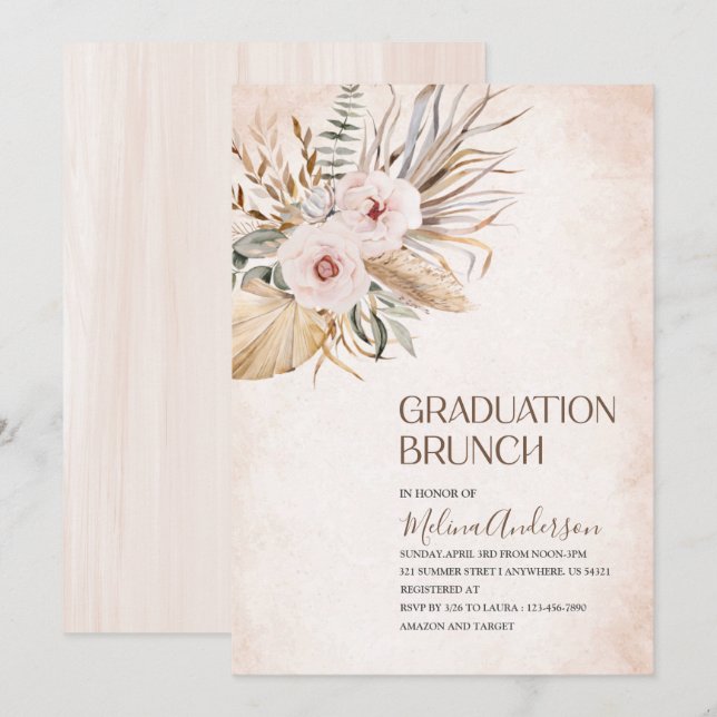 Boho Beige Flowesr vattencolor studenten brunch Inbjudningar (Fram/baksida)