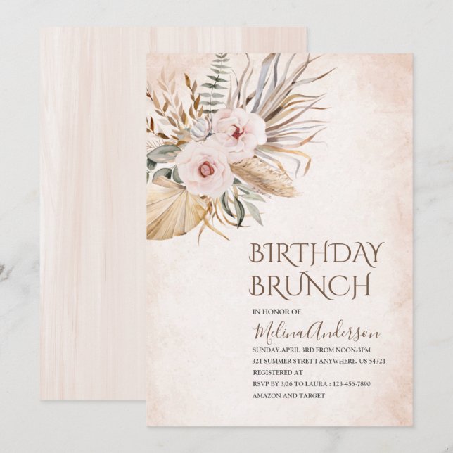 Boho Beige Flowesr vattenfärfärgfödelsebrunch Inbjudningar (Fram/baksida)