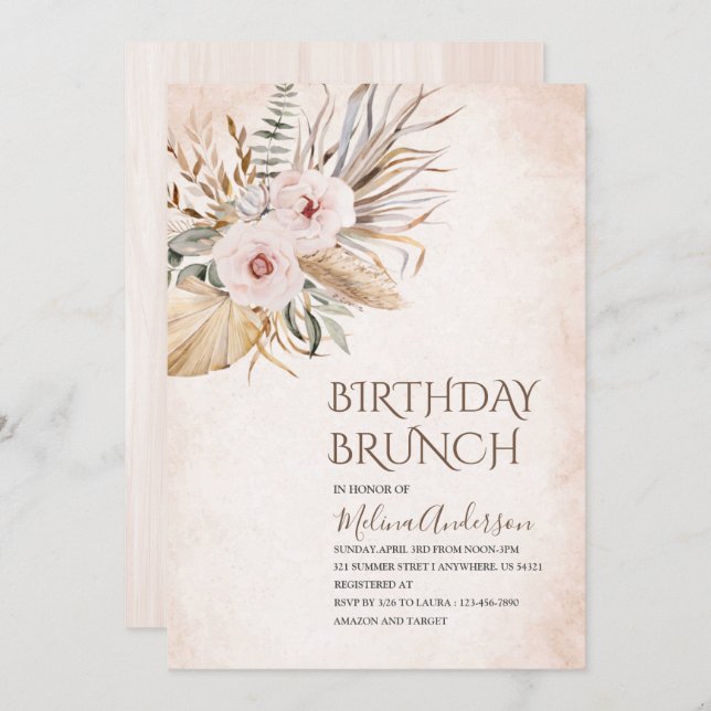 Boho Beige Flowesr vattenfärgsbrunch Inbjudningar (Fram/baksida)