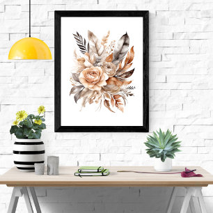 Boho Beige Grått Blommigt Botaniska fjädrar Poster