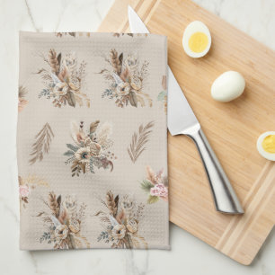 Boho Beige Grön Rosa Blommig Botanisk Löv Kökshandduk