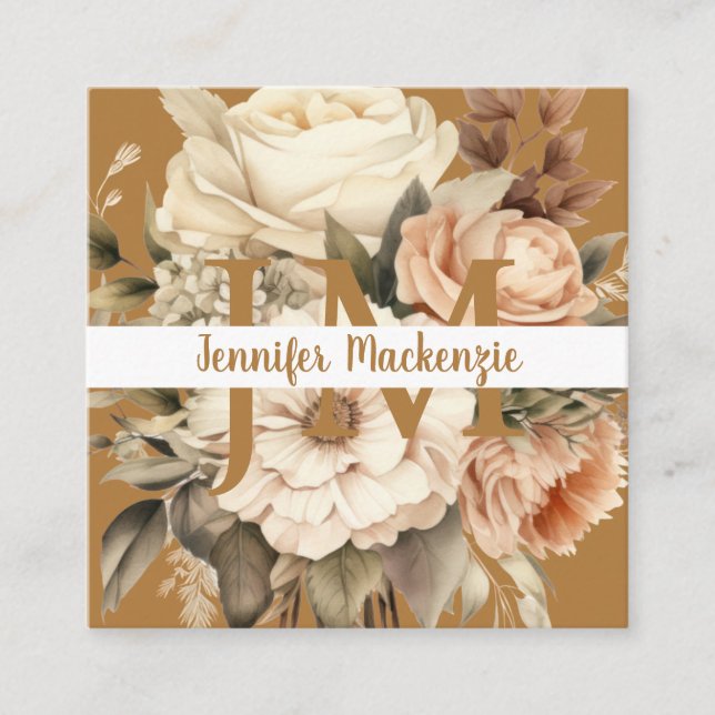 Boho Beige Guld Blommig  Fyrkantigt Visitkort (Framsida)