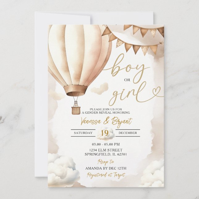 Boho Beige Luftballong Boy Gender Reveal Inbjudningar (Framsida)