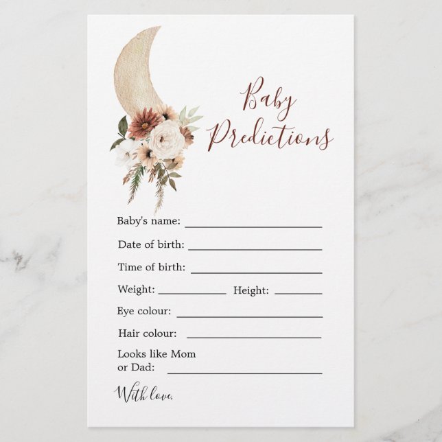 Boho Beige Måne Baby Shower Baby Prediction (Framsida)