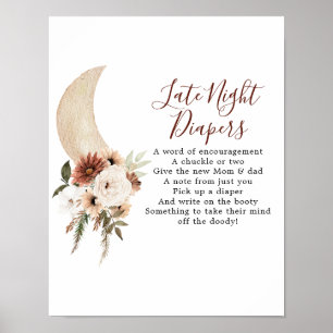 Boho Beige Måne Baby Shower Late Night Diaper Poster
