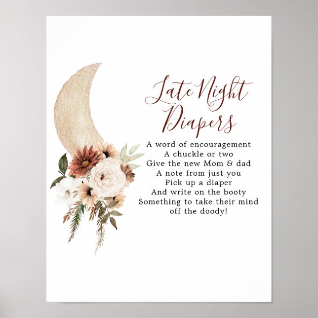 Boho Beige Måne Baby Shower Late Night Diaper Poster (Framsidan)