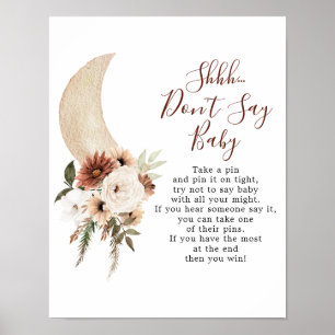Boho Beige Måne Baby Shower Säg inte Baby Poster
