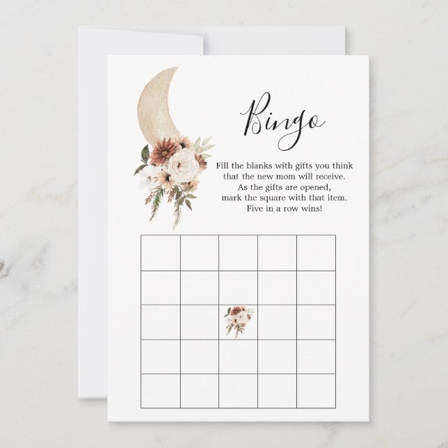 Boho Beige Måne Blommigt Baby Shower Bingo Game Inbjudningar (Framsida)