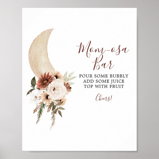 Boho Beige Måne Blommigt Baby Shower Mamma-osa Pub Poster (Framsidan)