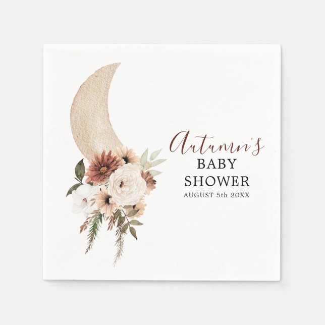 Boho Beige Måne Blommigt Baby Shower Pappersservet Pappersservett (Framsidan)