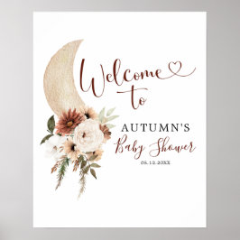 Boho Beige Måne Blommigt Baby Shower Välkomstskylt Poster