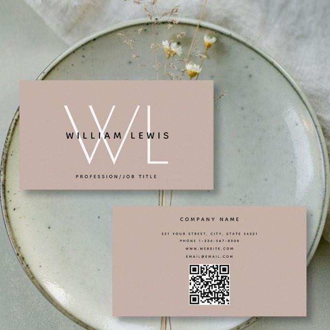 Boho Beige Monogram Modern Minimalistisk QR-kod Visitkort (Boho Beige Monogram Modern Minimalist QR Code Business Card)