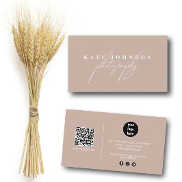Boho Beige Namnteckning skript QR Code Social Medi Visitkort