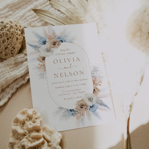 Boho Beige och Blue Blommigt Ram Bröllop Inbjudningar