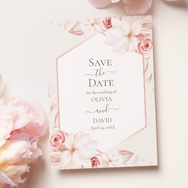 Boho Beige och Rosa ros Spara datumkortet Inbjudningar (Boho Beige and Pink Roses Save the Date Card on pale pink table with pink roses.)