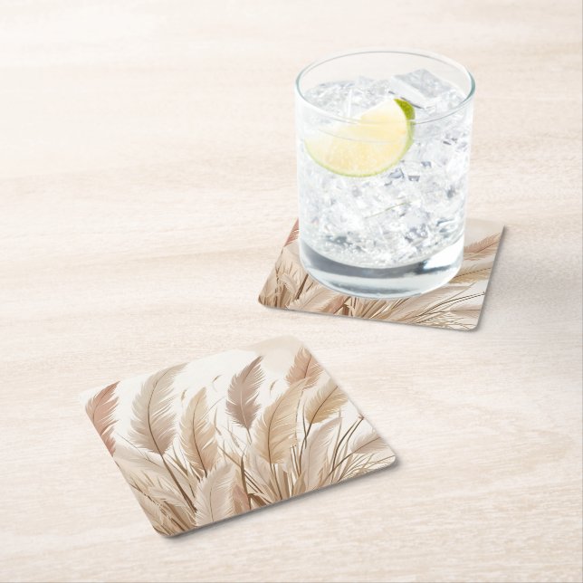 Boho Beige Pampas Grass Bröllop Underlägg Papper Kvadrat (Insitu)