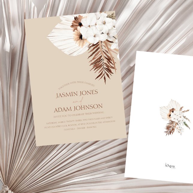 Boho Beige Pampas Grass Orchid Bröllop Inbjudningar (Boho Terracotta Beige Pampas Grass Floral Wedding Invitation)