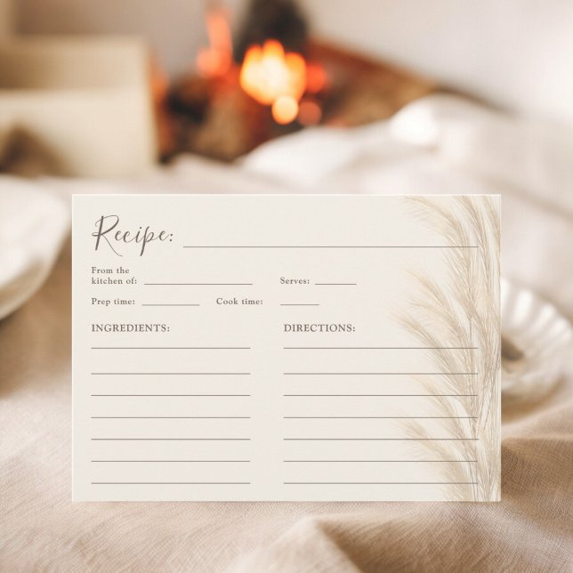 Boho beige pampas, vattenfärgsrecept på möhippa inbjudningar (Boho beige pampas grass watercolor bridal recipe invitation)