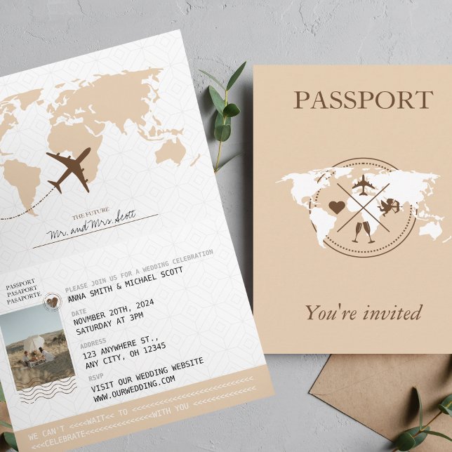 Boho Beige Passport Destination Wedding bjudande Inbjudan (Skapare uppladdad)