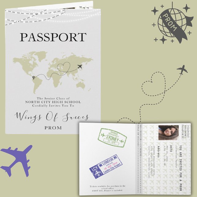 Boho Beige Passport Travel Prom Boll World Map Inbjudan (Skapare uppladdad)