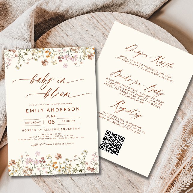 Boho Beige QR-kod Wildblombabyskor Inbjudningar (Skapare uppladdad)